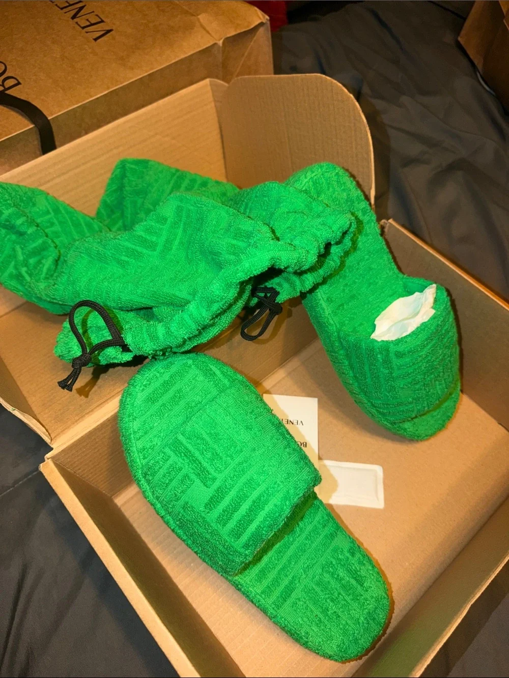 Bottega Veneta Men’s Bright Green Terrycloth Slippers
